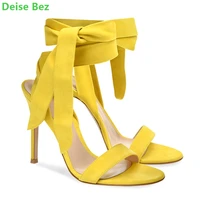 suede yellow ribbon butterfly knot sandals round toe thin high heel slingback ankle strap solid shallow fashion women shoes