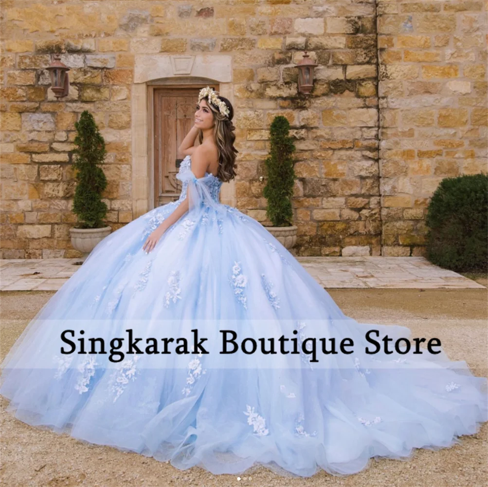 Светильник-голубое платье принцессы Quinceanera с открытыми плечами Кружевная