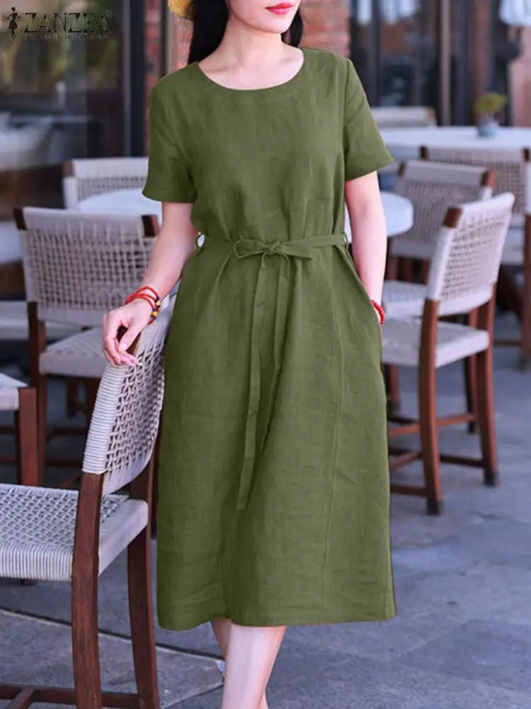 

2023 ZANZEA Women Summer O Neck Short Sleeve Dress VintageCasual Solid Cotton Mid-calf Sundress Beach Party Robe Femme Vestidos