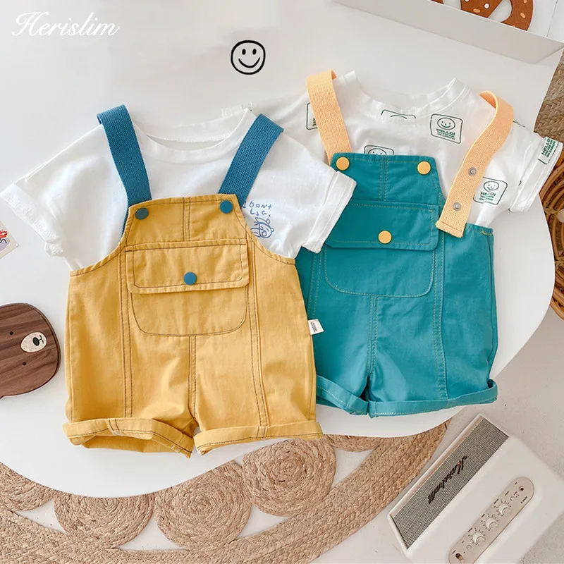 

Children Kids Pants Fashion Stitching Overalls Jean Infant Cotton Jumpsuit Boys Girls Bib Shorts Yellow Green Outfits