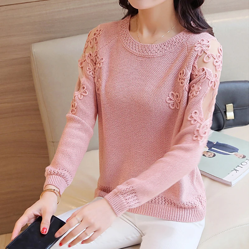 

Knitted Sweater Women Mesh Stitching 2023 Sexy Lace Pullover Sweaters Fashion Loose Embroidery O Neck Jumper Tops Feminine 123HP