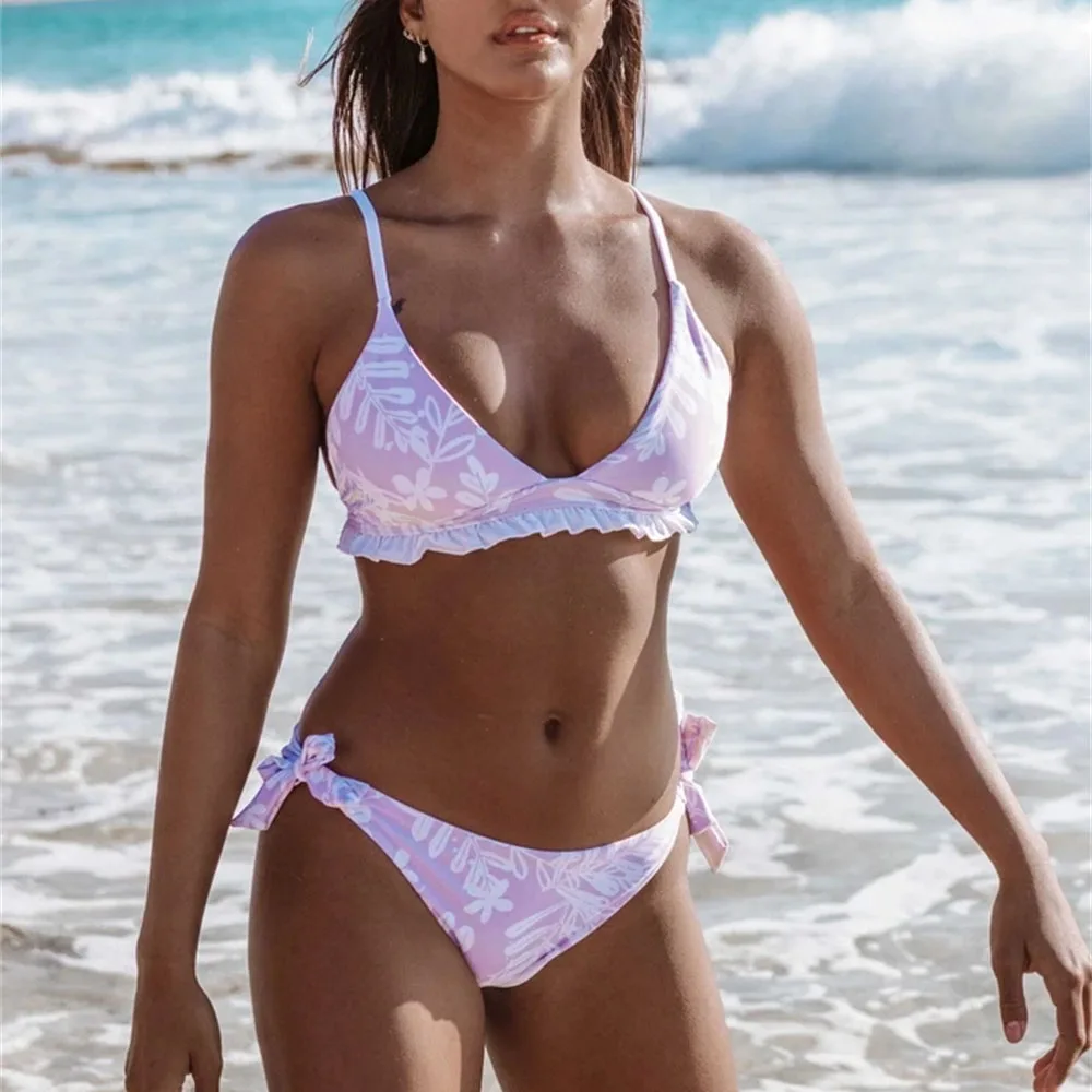 

Retro Print Bikinis Sexy Triangle Push Up Swimwear Women Ruffles Bathing Suit Bandage Biquini Beach Wear