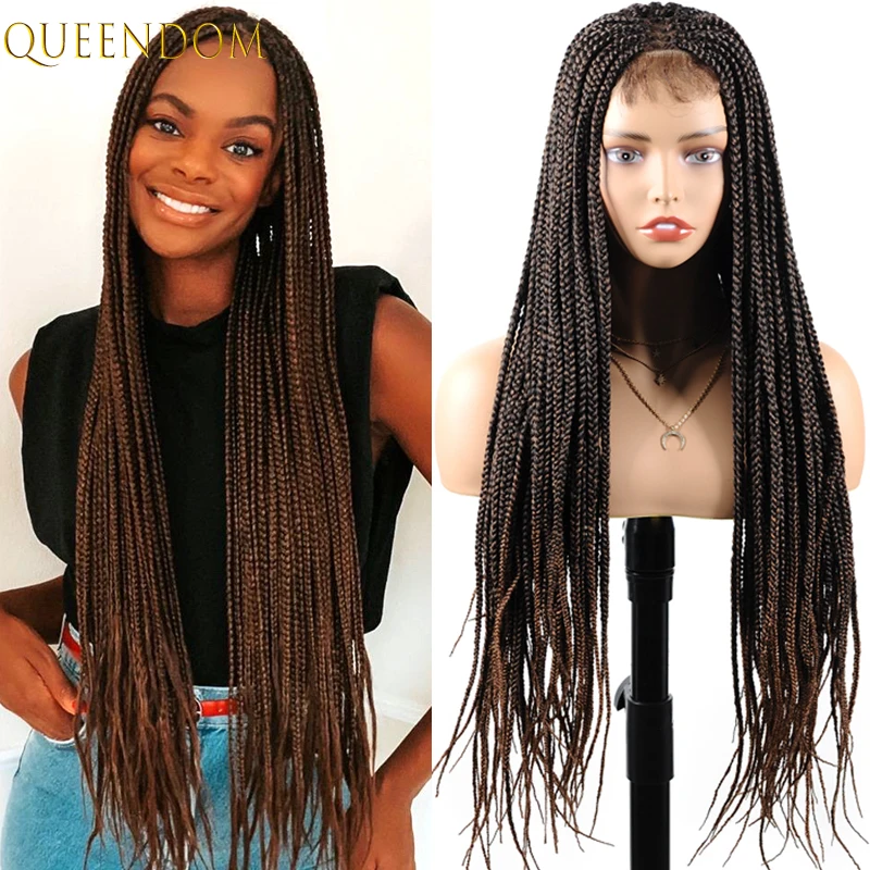 30 Inch Long Braided Box Braids Wigs Ombre Brown Synthetic Lace Front Wigs with Baby Hair High Temperature Cosplay Wig for Women