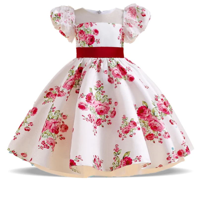 

Elegant Flower Girls Dress Summer White Wedding Party Princess Dress Kids Lace Puff Sleeves Dress Evening Children Clothes Gown