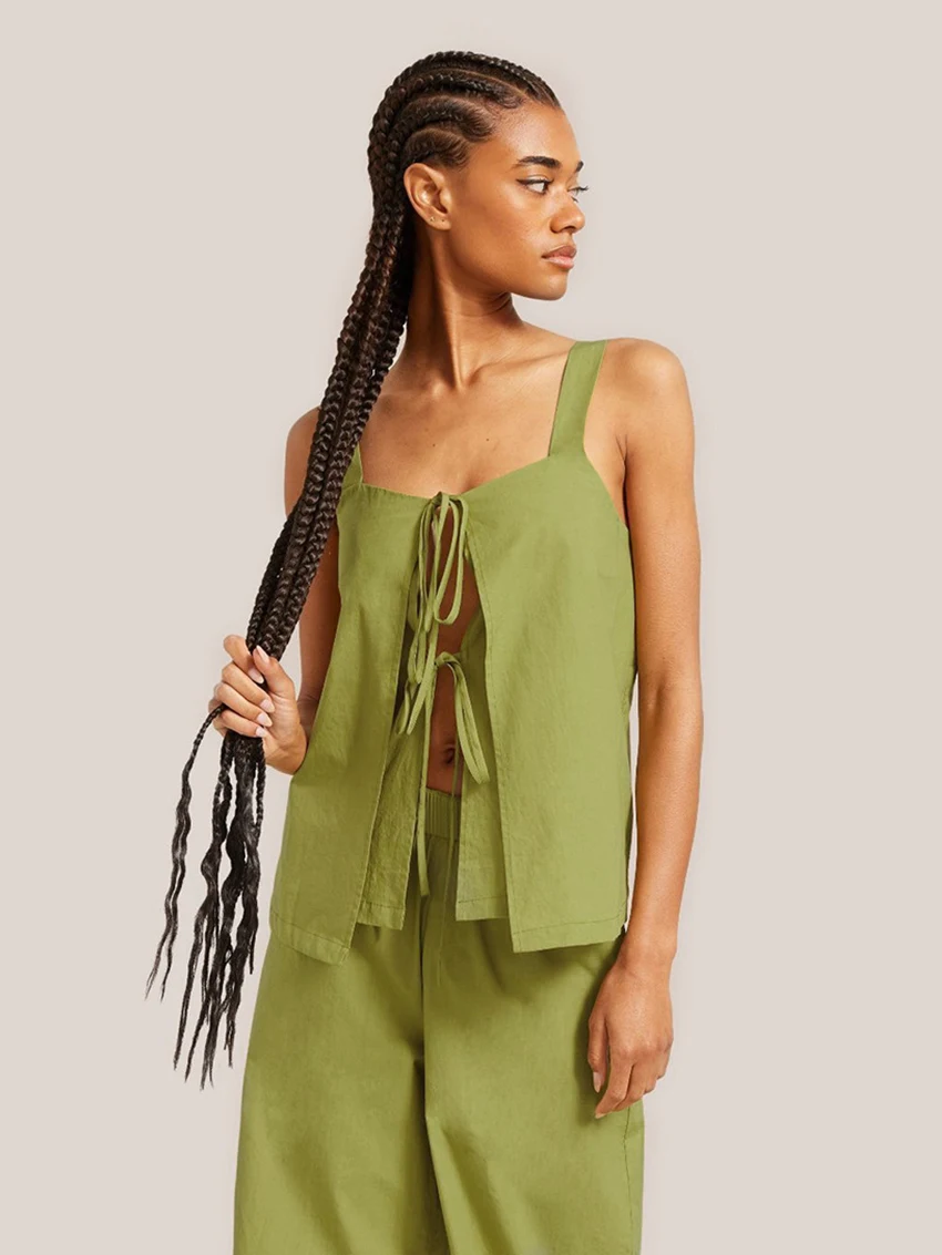 Marthaqiqi Green Women'S Pajamas Sets Tank Tops Lace Up Sleepwear Sleeveless Nightwear With Wide Leg Pants Femme Home Clothes