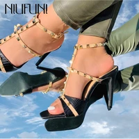niufuni new square toe rivet strap womens sandals summer fashion sexy gladiator shoes pu leather dress party shoes ladies shoes