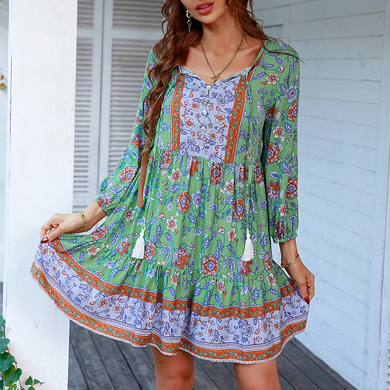 

Women's Fashion Spring Autumn Dress 3/4 Sleeve V Neck Front Button Tassel Fringe Straps Floral Print Boho Style Dresses