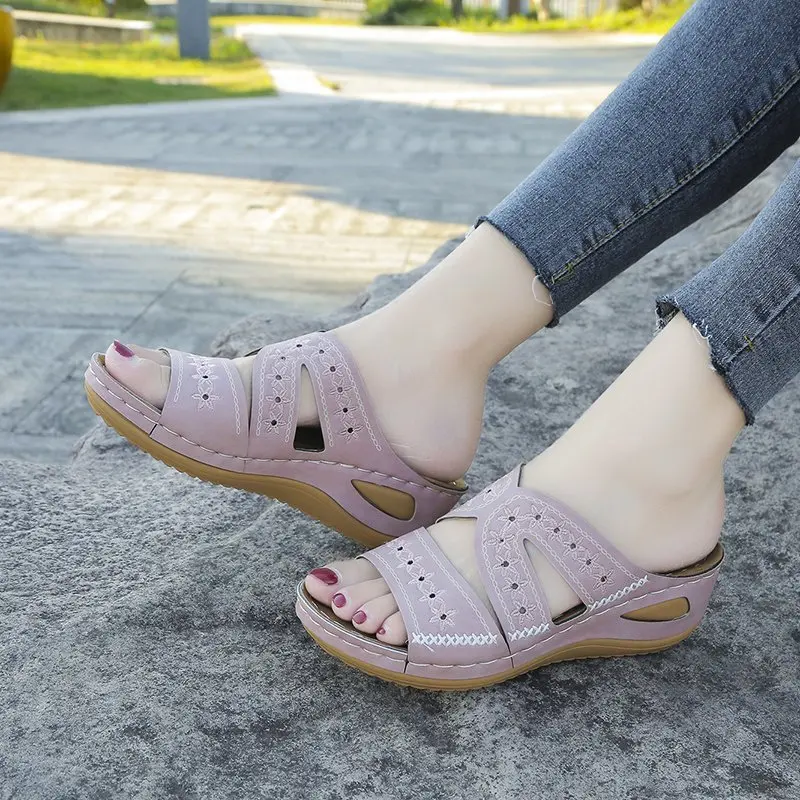 Wedge Ladies Sandals Orthopedic Women Slippers Anti-slip Leather Open Toe Sandals Thick Bottom Female Platform Retro Shoes