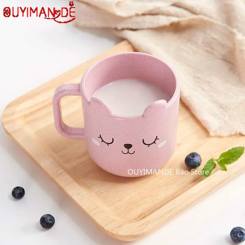 

Cute Cup Cat Pattern Handle Cup Milk Coffee Wheat Straw Plastic Water Cup Travel Funny Mug Kids Children Christmas Party Gift