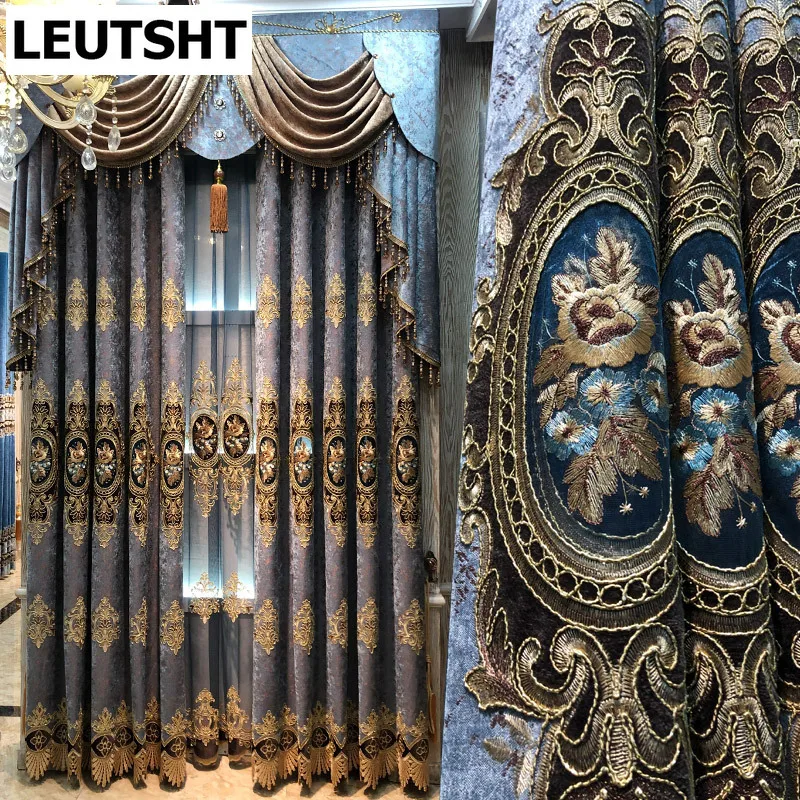 

European-style Curtains for Living dining Room Bedroom Luxury Embroidered Curtains Custom Villa Chenille Floor-to-ceiling Window