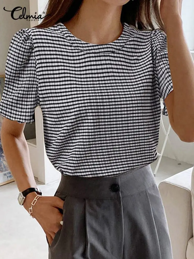 

Celmia Plaid Wrinkle Blouses Korean Fashion Short Sleeve Casual 2022 Summer Simple Tops Elegant Round Neck Women Checked Blusas