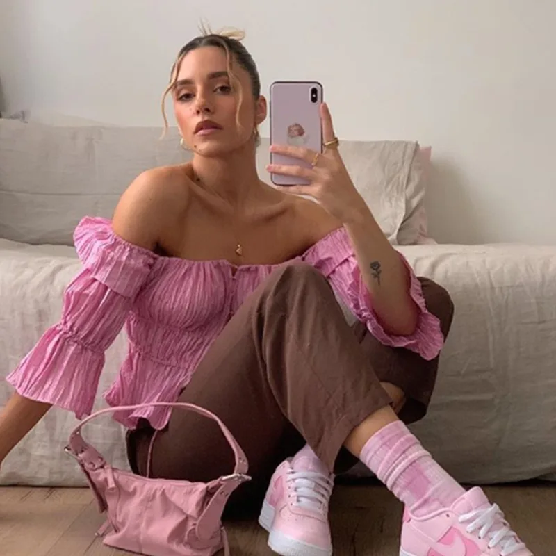 

Summer Fashion Lace Up Ruched Blouse Blusas Mujer Tops 2021 New Off Shoulder Puff Sleeve Women Blouse Shirts Crop Tops Y2k Pink