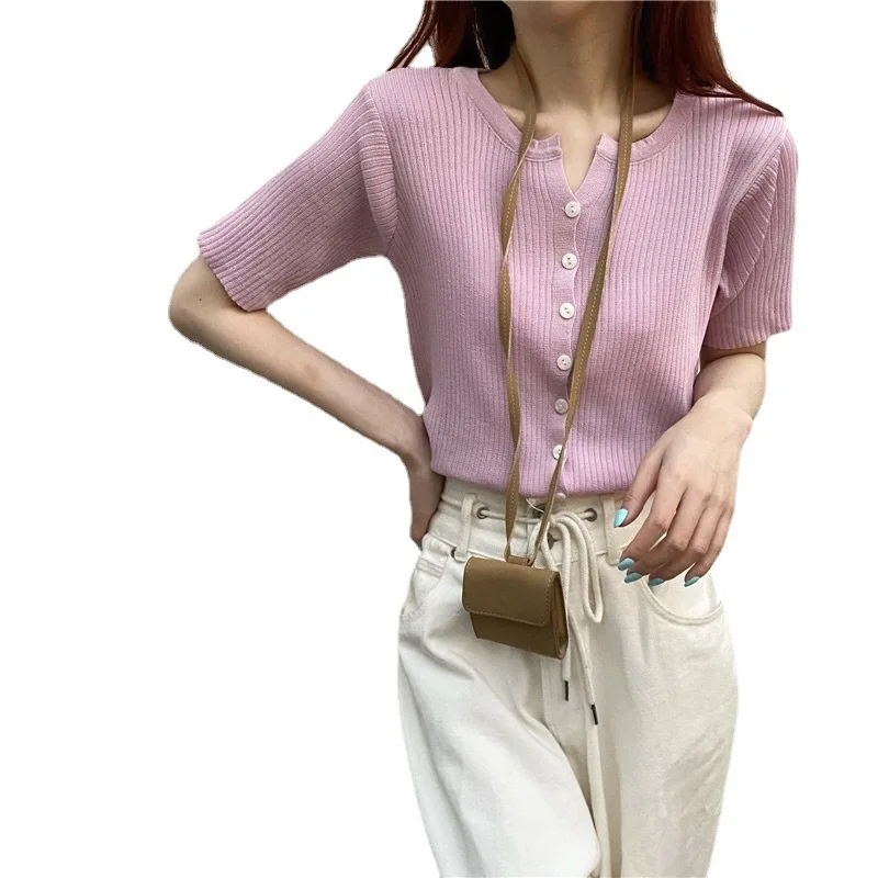 Женские трикотажные летние футболки с круглым вырезом и коротким рукавом тонкая