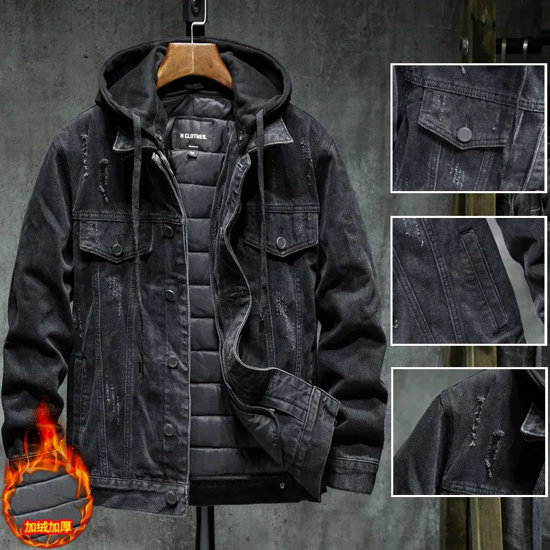 

Liner Thicker Winter Black Hooded Denim Jacket Outerwear Warm Men Lining Plus Cotton Thick Cowboy Jacket Coat Large Size 5XL
