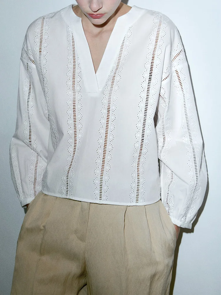 

Tops Blouses For Women Fashion 2023 Elegant Cutwork Embroidery Blouse Long Sleeve Top Spring Summer V Neck Casual White Blouse
