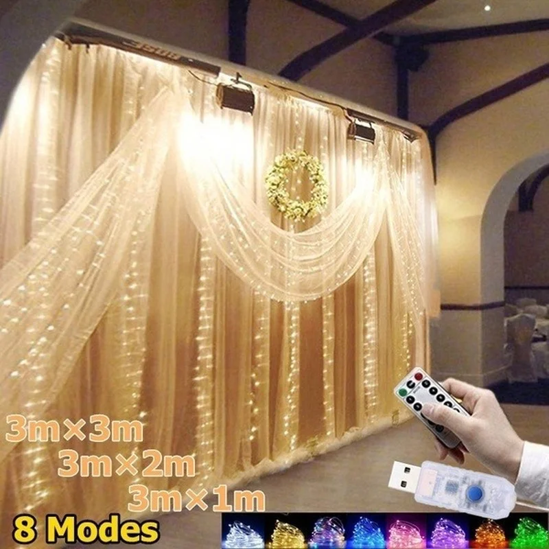 

String Lights Party Wedding Decoration Led Curtains Lights USB Christmas Tree Wire Garland Fairy Lights 1/2/3M*3M
