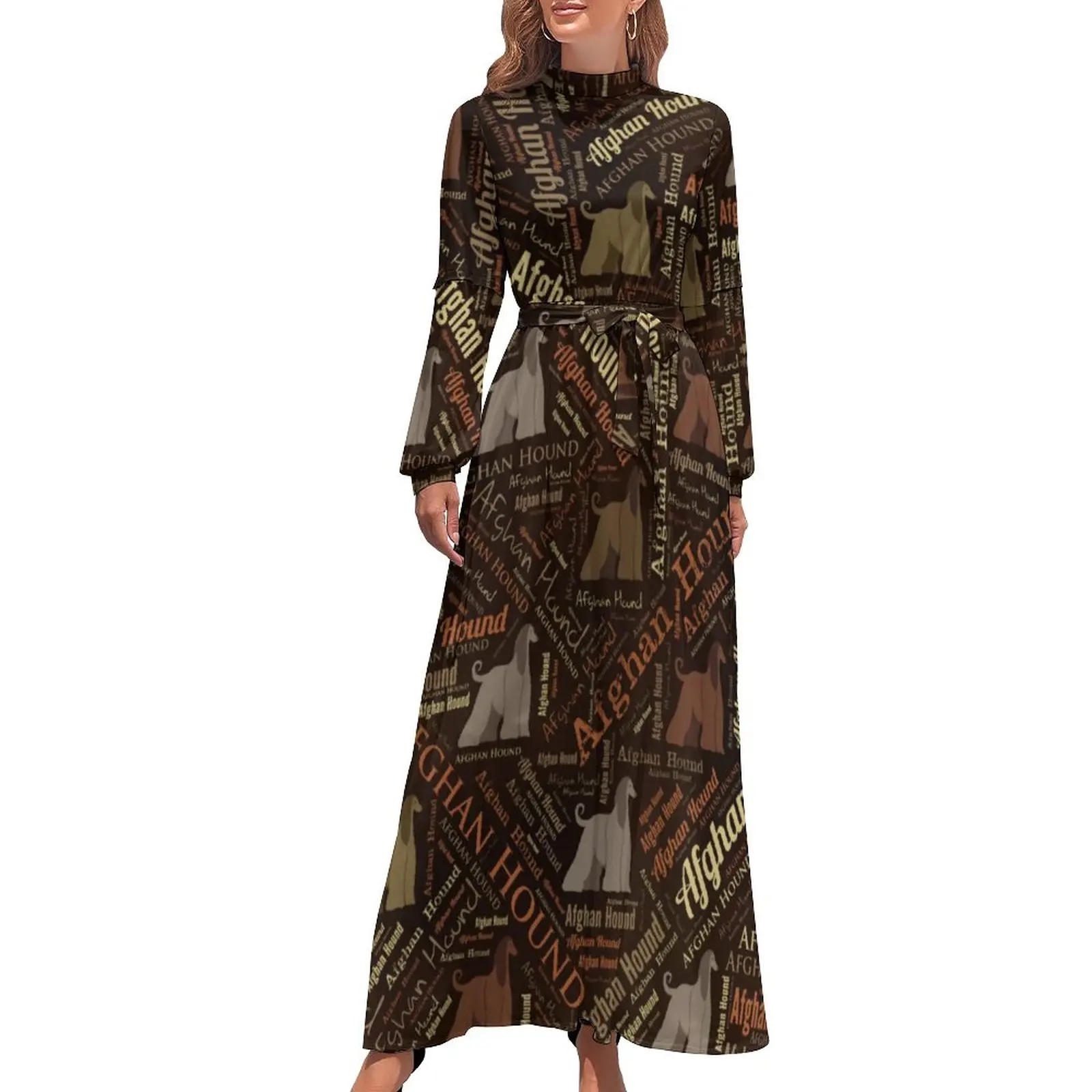 

Word Art Dress Afghan Hound Street Style Boho Beach Dresses Women Long Sleeve High Neck Sexy Long Maxi Dress