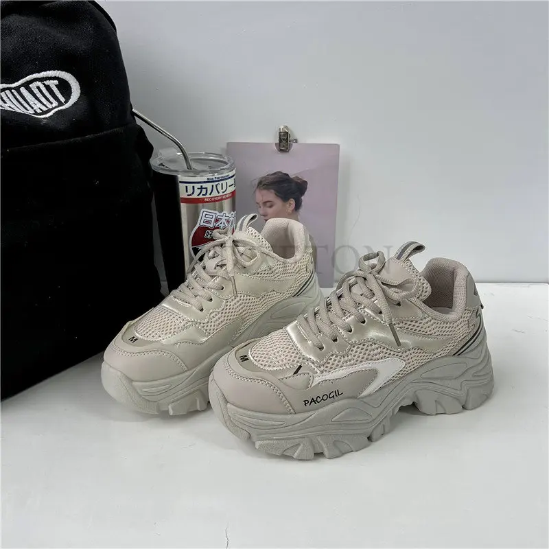 Thick Sole Women's Platform Sneakers Fashion Beige Black Women Chunky Shoes Lightweight Sports Shoes Casual Sneakers Woman