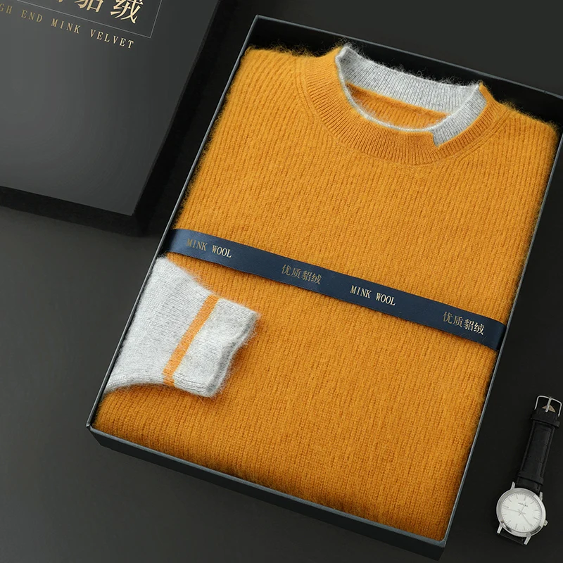 Новый пуловер свитер из 100% норки кашемира мужской вязаный с круглым вырезом