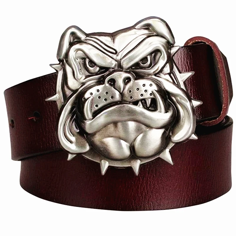 Funny Dog Belt Novel Bulldog Head Silver Metal Buckle Cowskin Leather Decorative Waistband For Men Women Gift