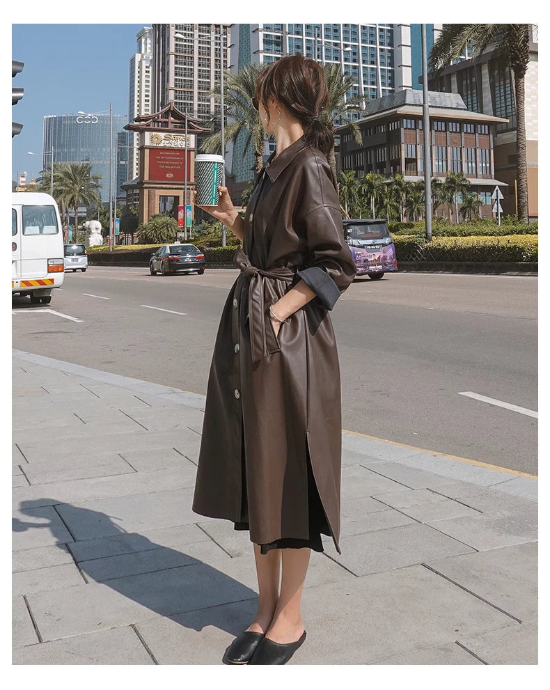 Long Leather Coat Women's Coat Medium Length Knee Length 2022 Elegant Lady Office Winter Autumn Leather Trench Coat for Women