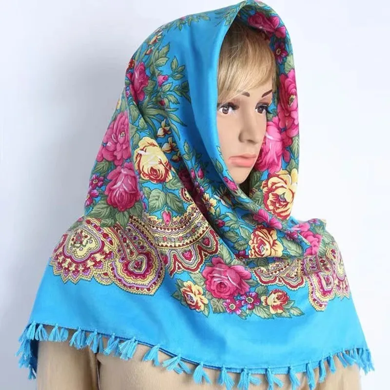 

90x90cm Vintage Headscarf Print Square Scarf Handkerchief Cotton blend Bandana Russian Babushka Women Hijab Winter Warm