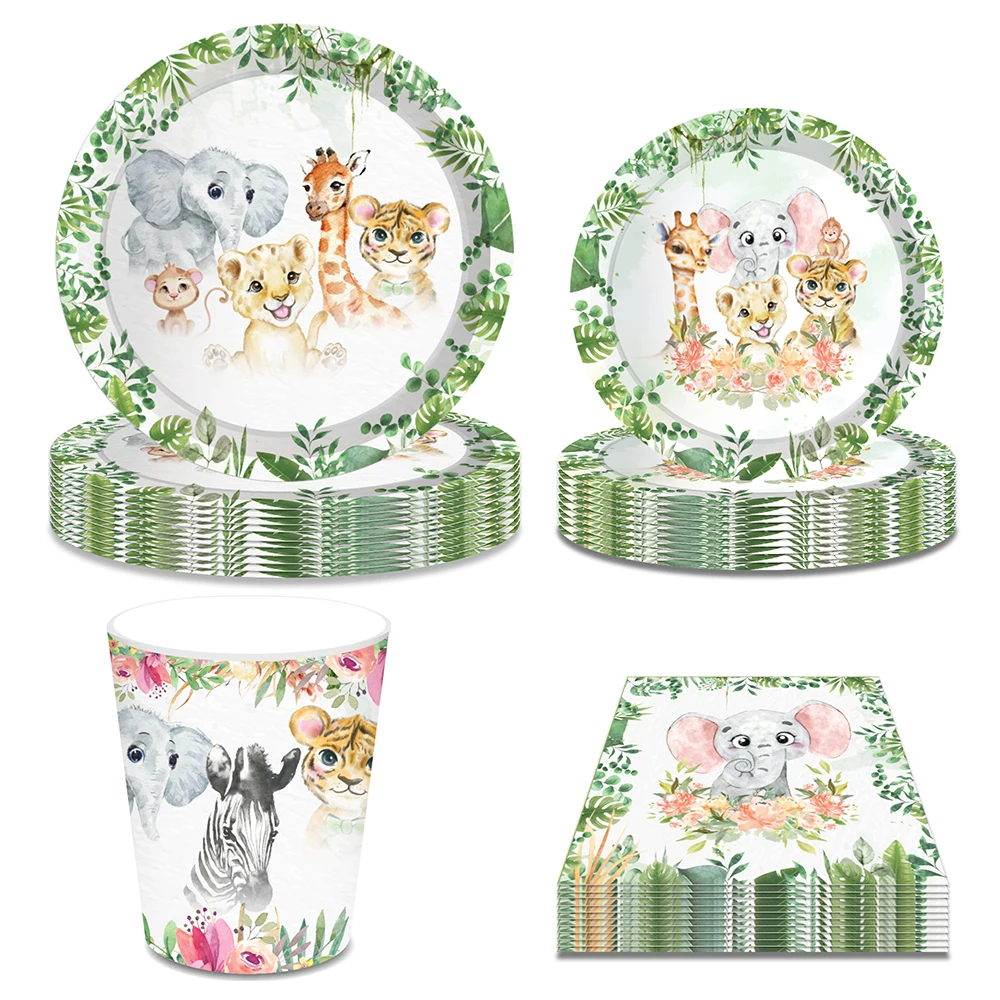

Kids Baby Shower Cartoon Jungle Animals Wild ONE Birthday Party Disposable Tableware Sets Plates Cups Napkins Table Decorations