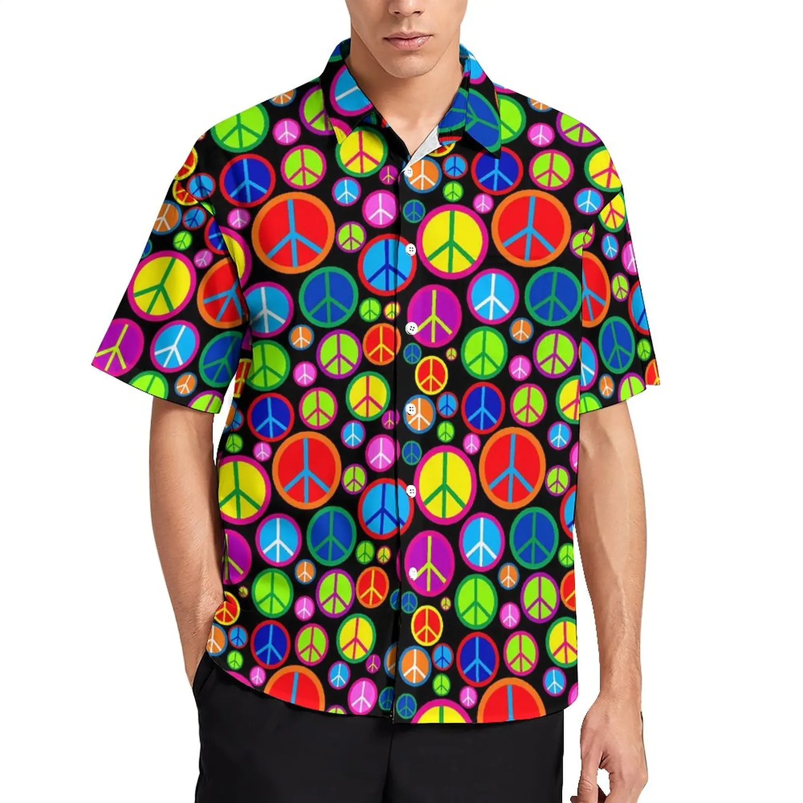 

Peace Symbol Vacation Shirt Dynamic Colorful Eye Hawaii Casual Shirts Man Street Style Blouses Short Sleeve Graphic Plus Size
