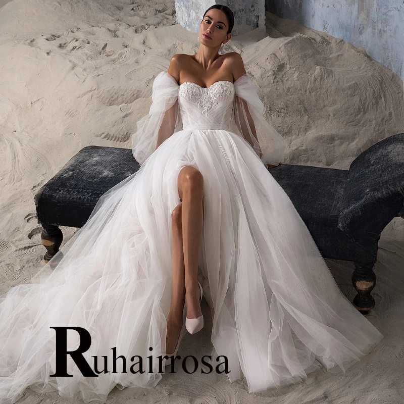 

Ruhair Sexy Slid Slit Sweetheart Puff Sleeves Wedding Dresses Pleat For Women Appliques Lace Robe De Mariée Formal Brides Gown
