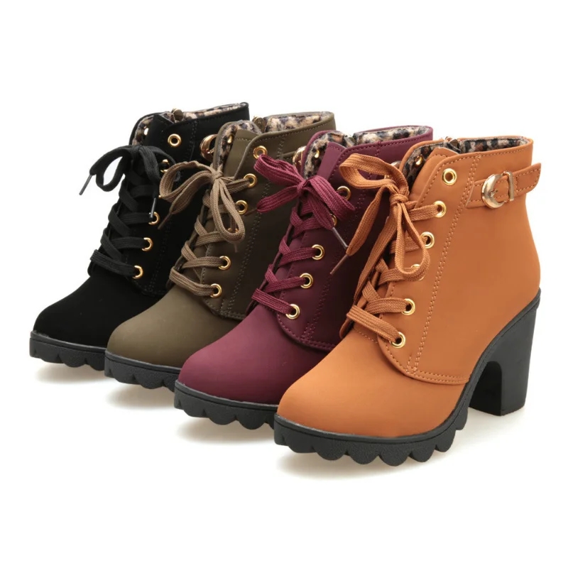 

Women's British Style Boots Women's Shoes Fashion Lace-up Ankle Boots Buckle Thick-soled Leather Shoes High-heeled winter Boots