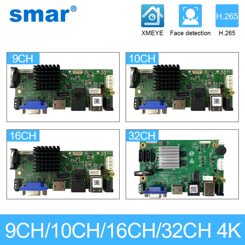 Smar CCTV 9CH 10CH 16CH 32CH 4K NVR Motherboard H.265+Network Video  Recorder For 5MP 8MP IP Camera Support Face Detection ONVIF