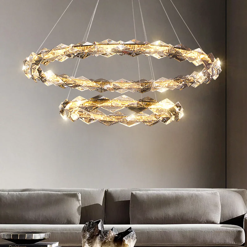 

Modern crystal ring led chandelier for staircase villa living room kitchen rectangle gold loft hanging light fixture