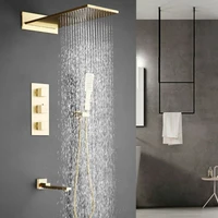 thermostatic brushed gold rectangle shower head 3 way mixer valve hand spray set