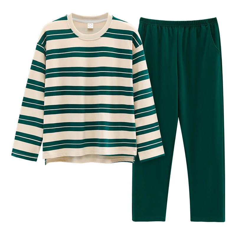 Pure Cotton Pajamas Women's Spring and Autumn stripe With chest pad Pijama Mujer Couple Night suits Homewear