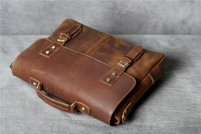 Vintage crazy horse cowhide men's briefcase business high quality genuine leather luxury office laptop shoulder messenger bag