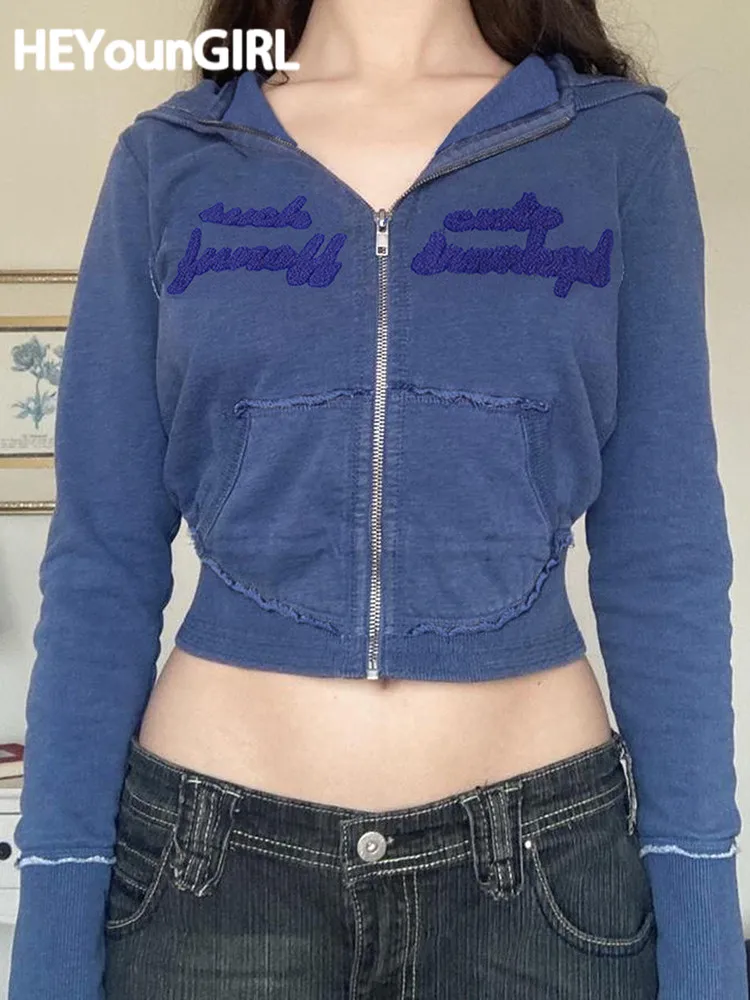 

HEYounGIRL Vintage Blue Female Autumn Sweatshirt Preppy Casual Zip Up Letter Crop Hoodies Slim Y2K Knit Pocket Short Coats 2022
