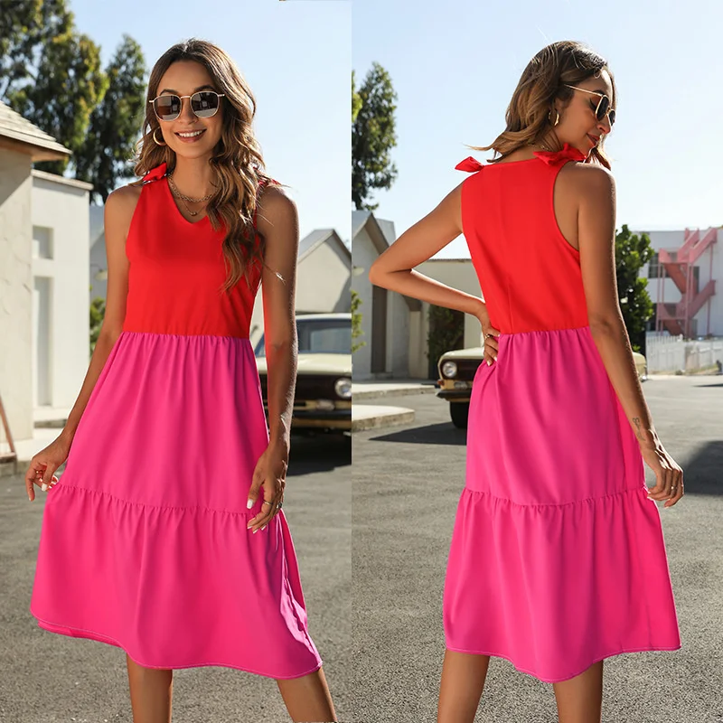 

Women's Summer Holiday Cool Dress Sleeveless Rose Red Contrast Color Stitching Dress Bow Tie Strap Suspender Beach Dress