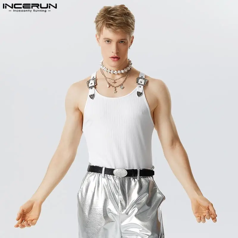 

Sexy Fashion Style Tops INCERUN Mens Metal Button Design Tank Tops Casual Male Solid Al-match Comfortable Sleeveless Vests S-5XL