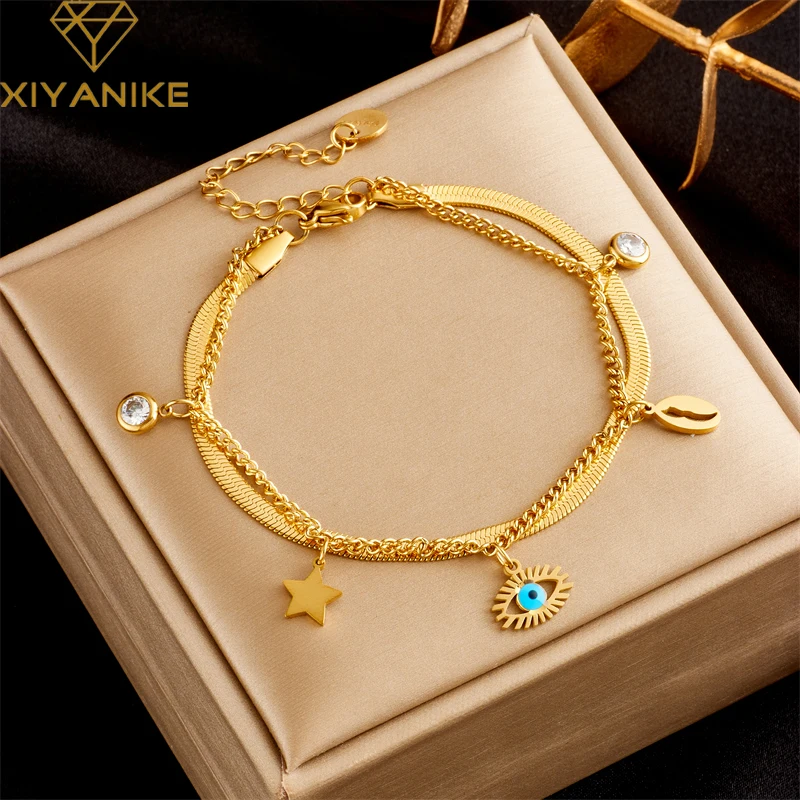 

XIYANIKE 316L Stainless Steel Bracelet Star Eye Pendant Double Chain Accessories for Women New Trends Birthday Jewelry Pulsera