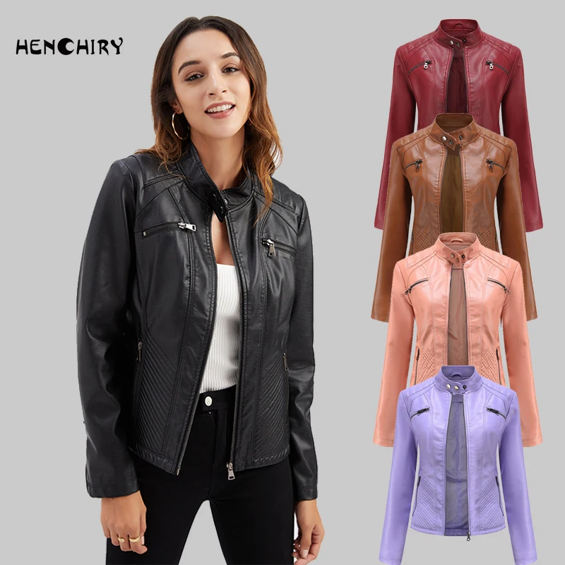 

HENCHIRY European American Street Fashion Women's Spring Autumn Leather Jacket with Stand-up Collar Imitation Leather Slim Coat
