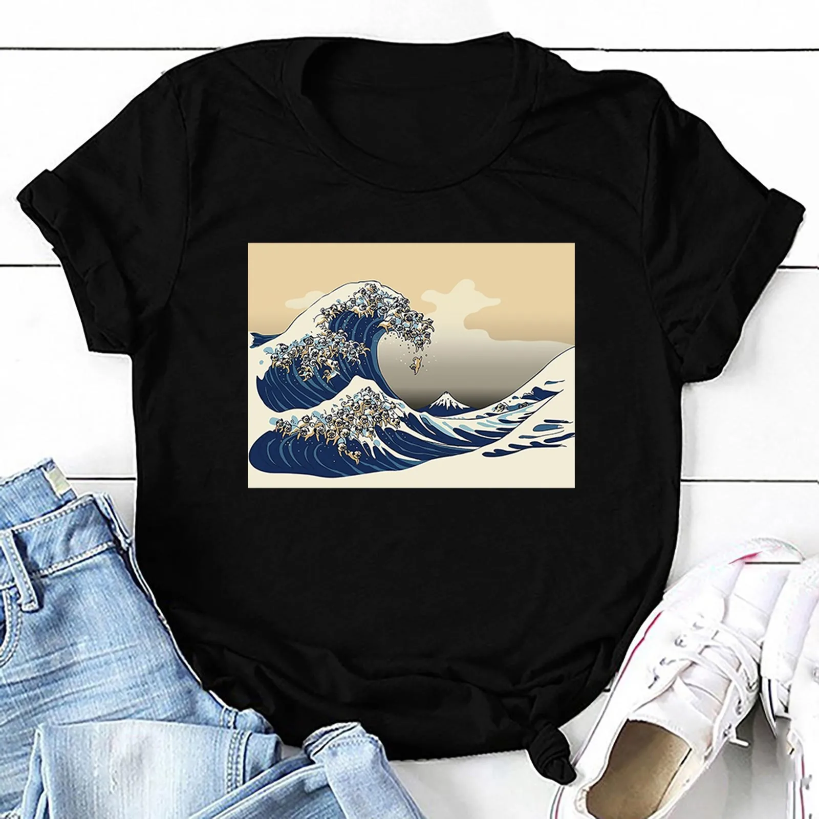 

Women Graphic Fashion Great Wave of Pug 90s Clothing Short Sleeve Cartoon Summer Female Clothes Tops Tees Tshirt T-Shirt Homme