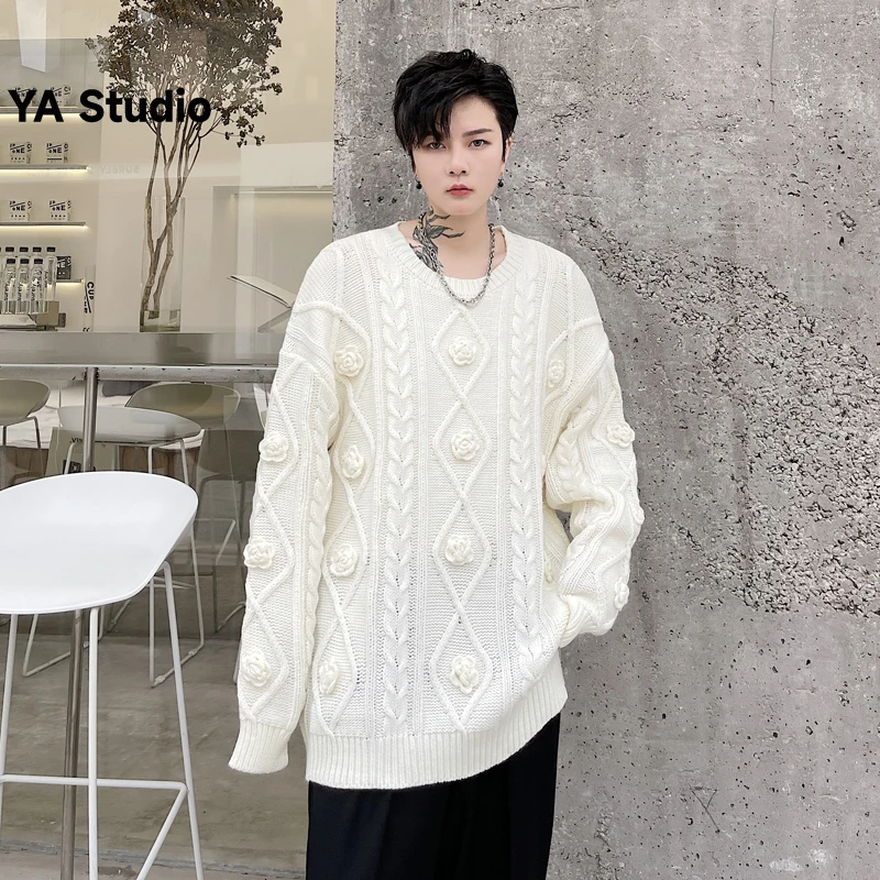 

[YA Studio] 2023 Autumn Winter Three-dimensional Flower Round Neck Head Thickened Solid Color Sweater Men's Vintage Shirt