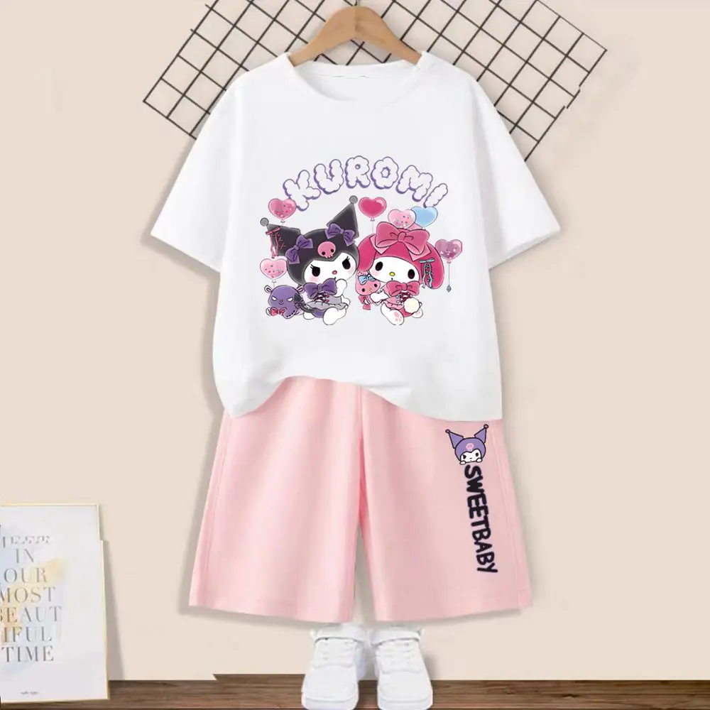

Sanrios Kawaii аниме My Melody Kuromi милые Мультяшные детские летние шорты с коротким рукавом хлопковый спортивный костюм комплект из двух частей подар...