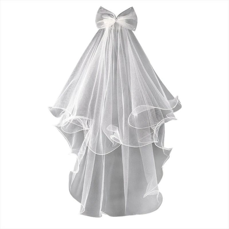 

2 Tier Wedding Veil with Comb for Girls Communion Veil Bow Adorned by Rhinestone Short Length Curly Edge Tulle Veil