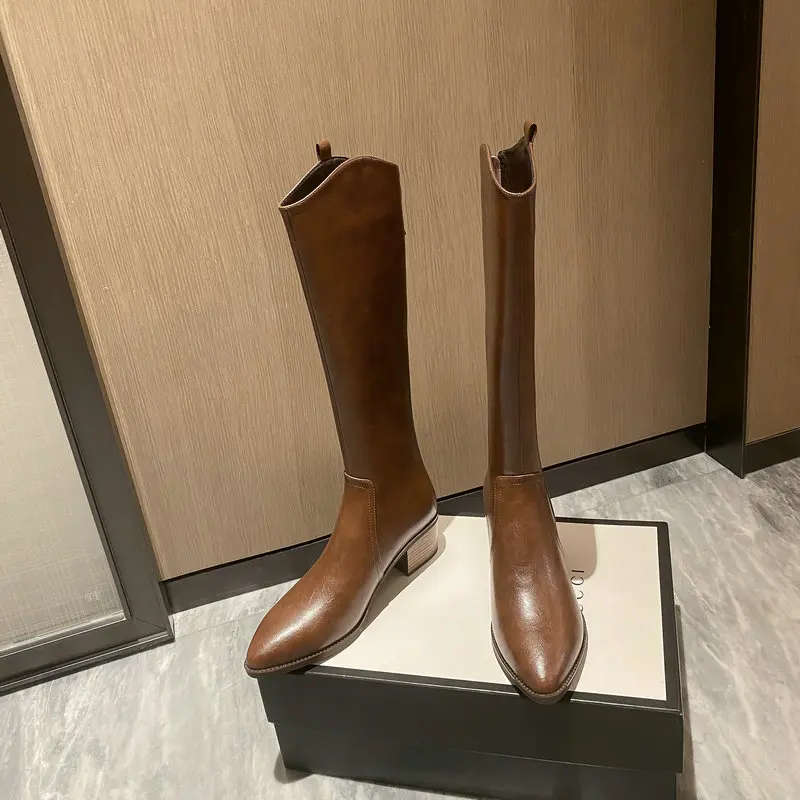 ESVEVA 2024 новые кожаные рыцарские высокие женские сапоги РАЗМЕР 34-40