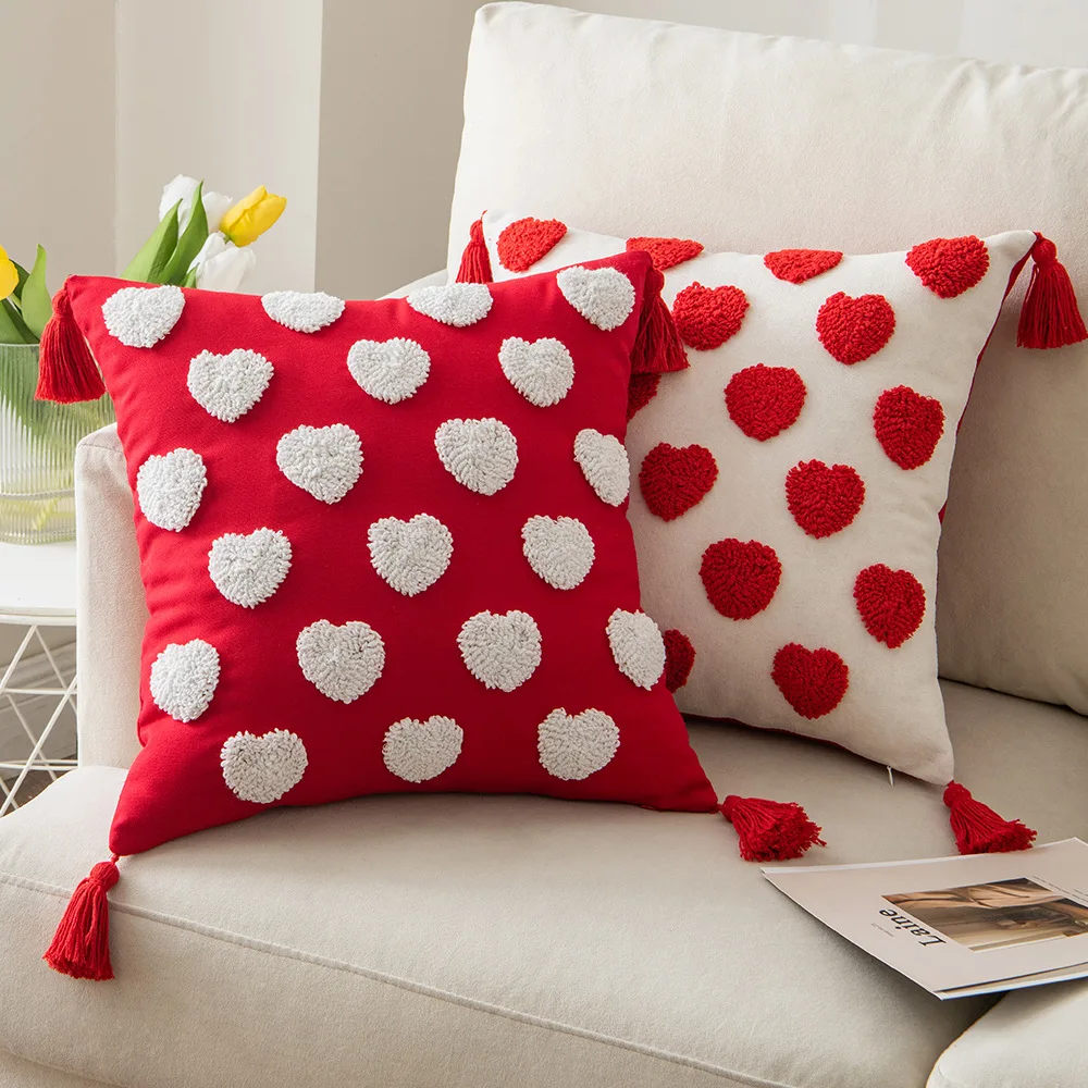 

Cotton Embroidery Pillowcase Heart Lovely Tufted Tassel Geometric Valentine's Day Festive Cushion Cover For Home Sofa Decor