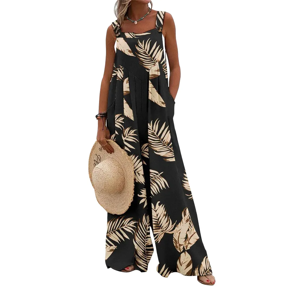 

Women Casual Jumpsuit Summer 2023 Female Strap Button Pocket Floral Print Beachwear Wide Leg Loose Jumpsuits
