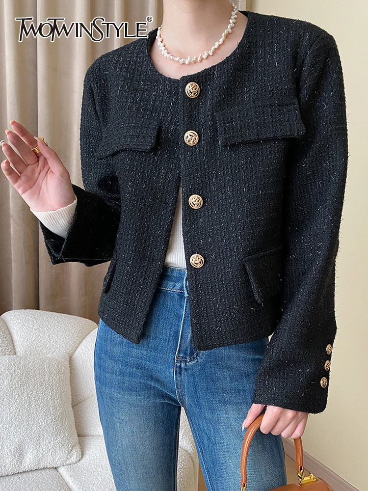 

TWOTWINSTYLE Tweed Minimalist Jackets For Women O Neck Long Sleeve Patchwork Single Breasted Casual Elegant Jacket Female Style