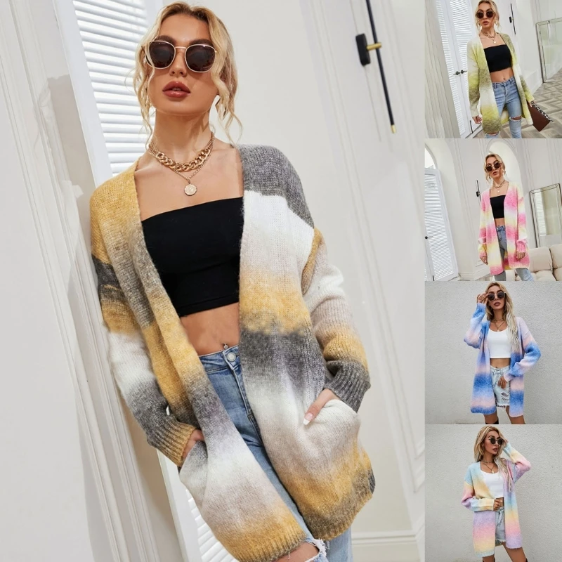 

Women Knitted Sweater Cardigan Long Sleeve Open Front Multicolor Outwear Coat