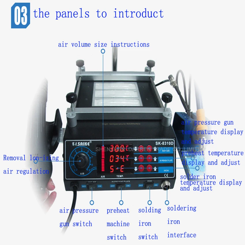 220V/110V Soldering Station 3 in 1 Hot Air + Iron Preheat 8310D